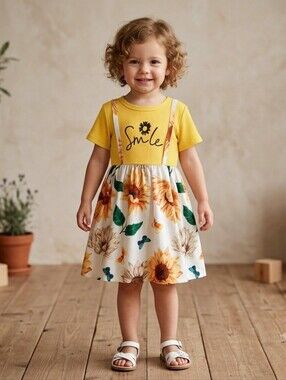 Girls Sunflower Toddler Dress Yellow Ribbed "Smile" Top 3Y Summer Sundress